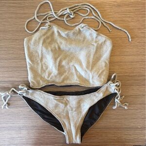 IN YOUR ARMS Knit Halter Bandeau Bikini Grey Lace Up Corset Cross Back Low Rise